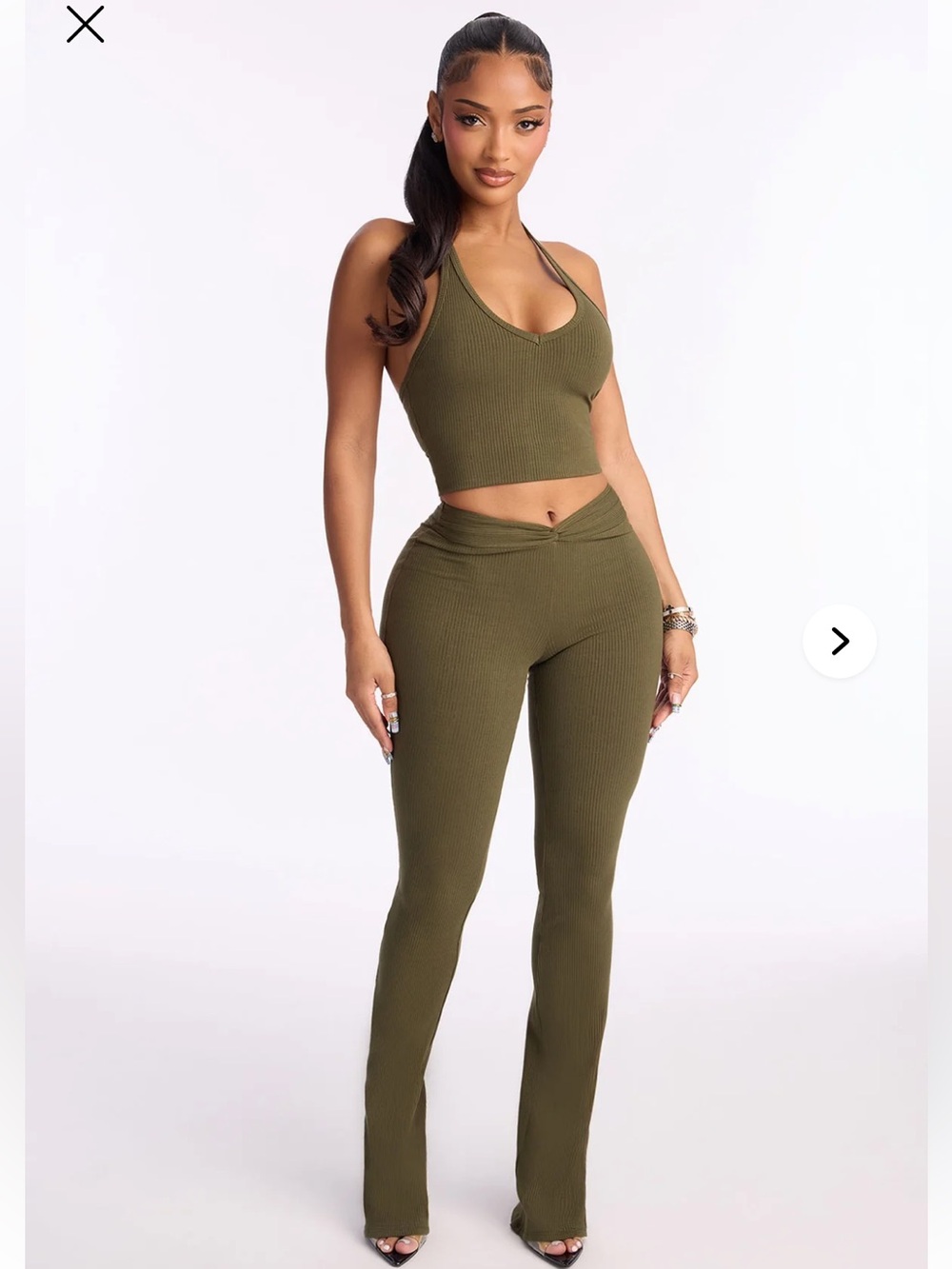Olive Ribbed High-Waist Flare Pants - Women